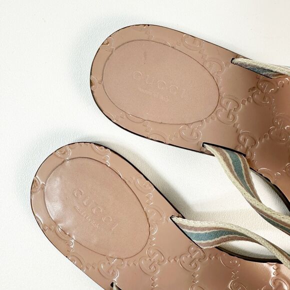 GUCCI Nude Web Stripe GG Sandal 37.5 Flat Flip Flop Leather Guccissima Embossed - Picture 5 of 13